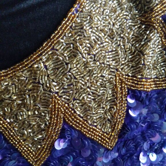 STUNNING RARE Designer Lawrence Kazar Vintage Purple and Gold Beaded Dress Small - Picture 8 of 10